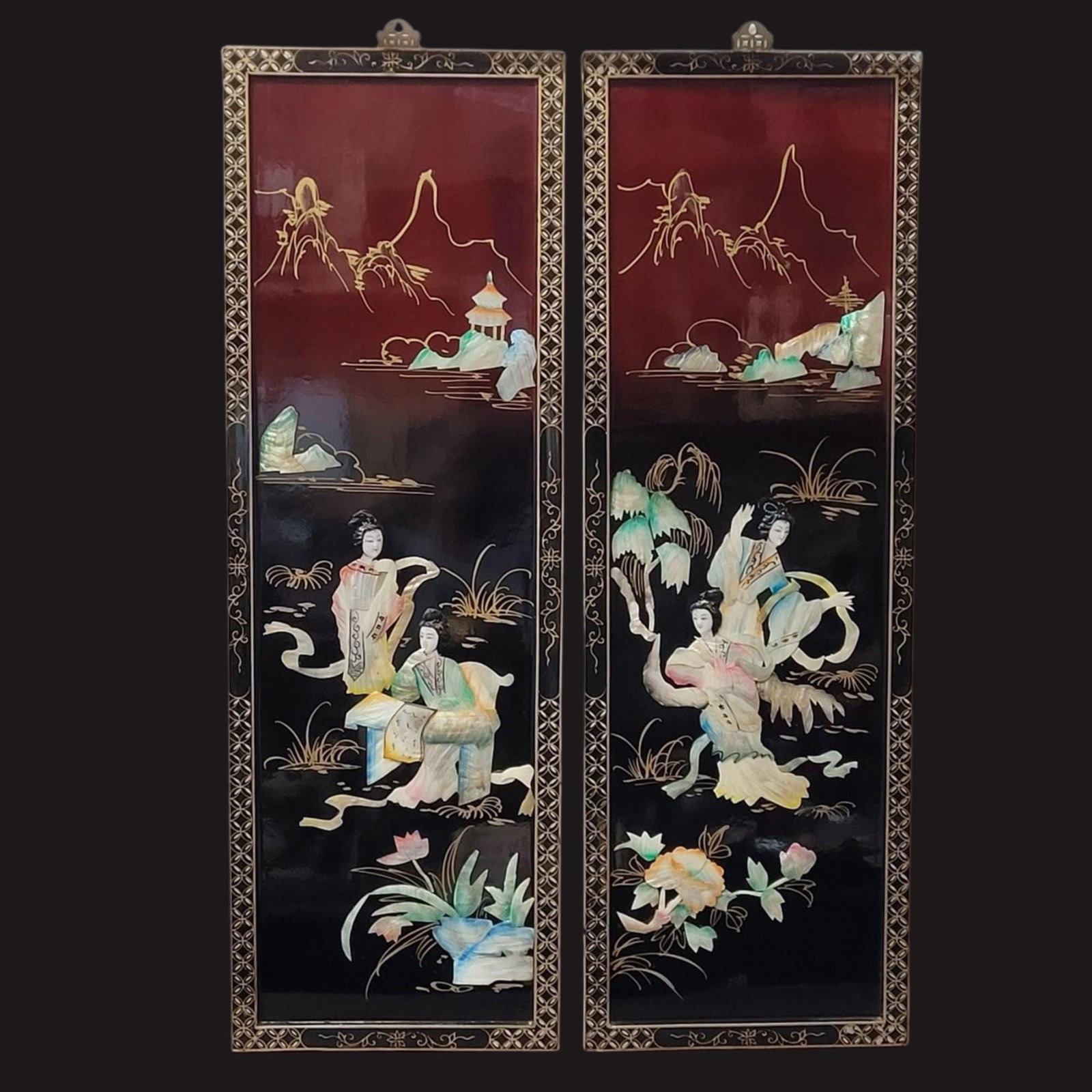 1960 Chinoiserie Wall Panels Set, Black Burgundy Lacquer Mother of Pearl Asian Wall Art - 4