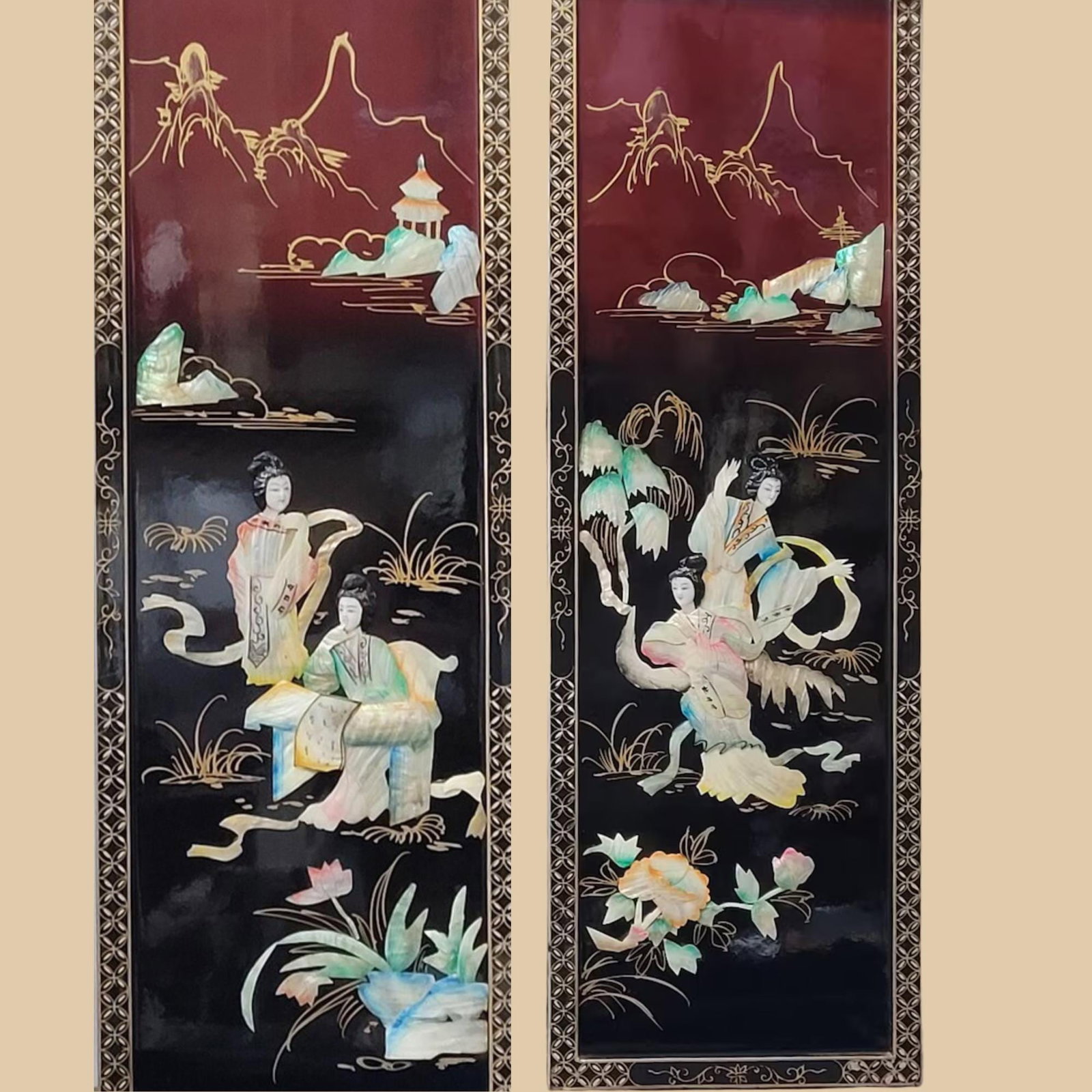 1960 Chinoiserie Wall Panels Set, Black Burgundy Lacquer Mother of Pearl Asian Wall Art - 6