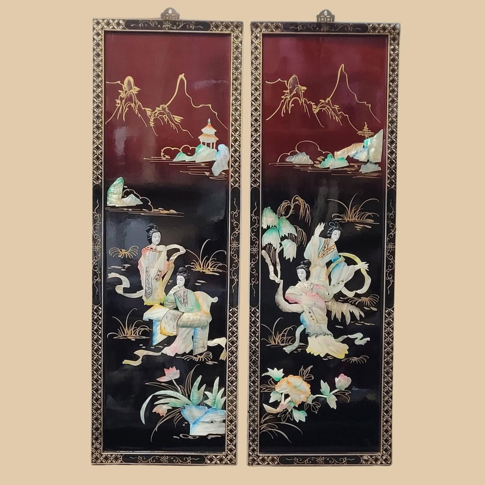 1960 Chinoiserie Wall Panels Set, Black Burgundy Lacquer Mother of Pearl Asian Wall Art - 8