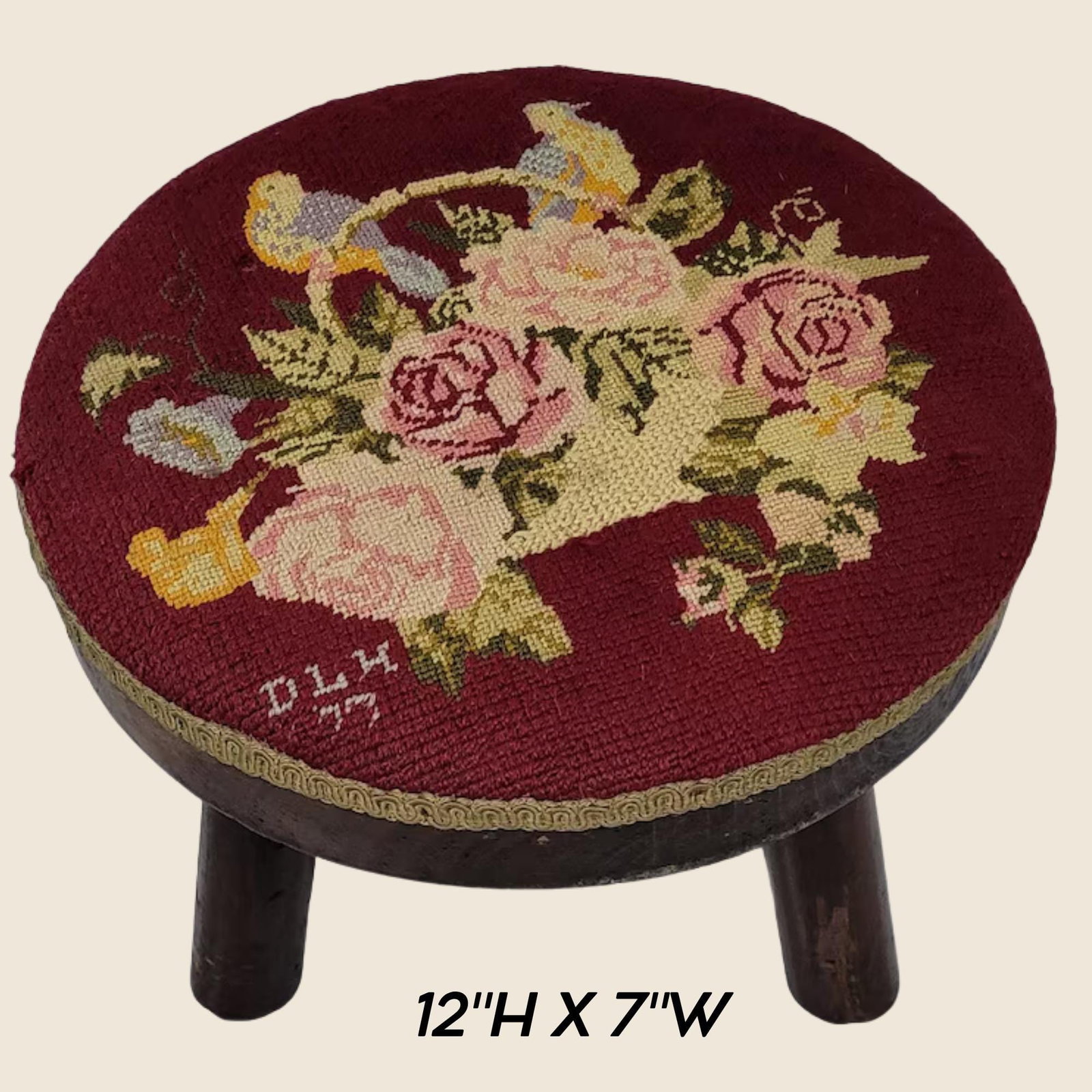 Vintage Footstool Embroidered Folk Art French Cottagecore Needlepoint Stool (1 of 5)