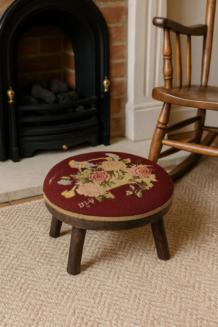 Vintage Footstool Embroidered Folk Art French Cottagecore Needlepoint Stool - 3