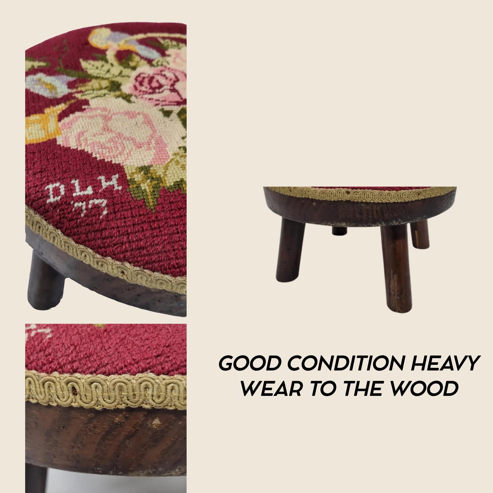 Vintage Footstool Embroidered Folk Art French Cottagecore Needlepoint Stool - 4