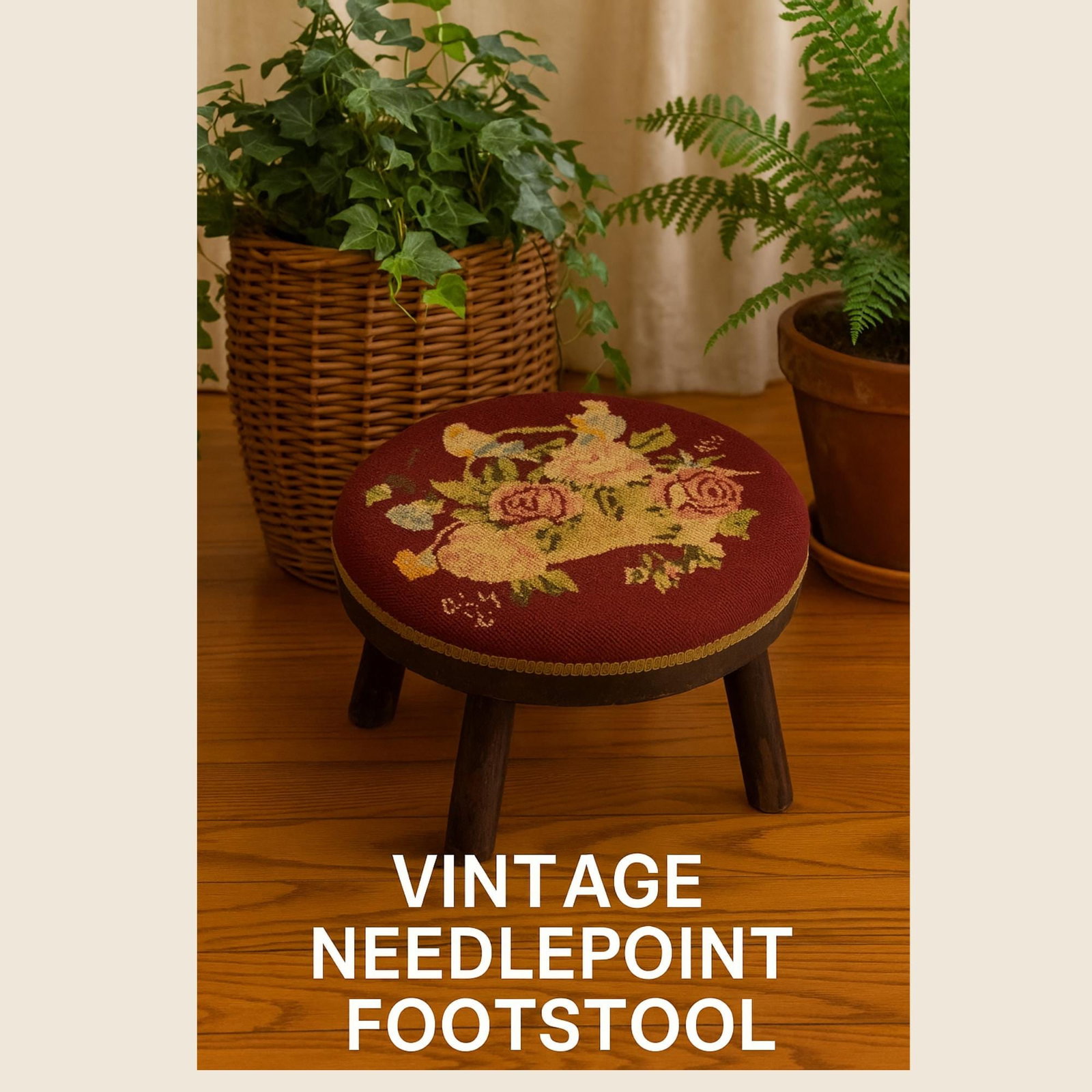 Vintage Footstool Embroidered Folk Art French Cottagecore Needlepoint Stool - 5