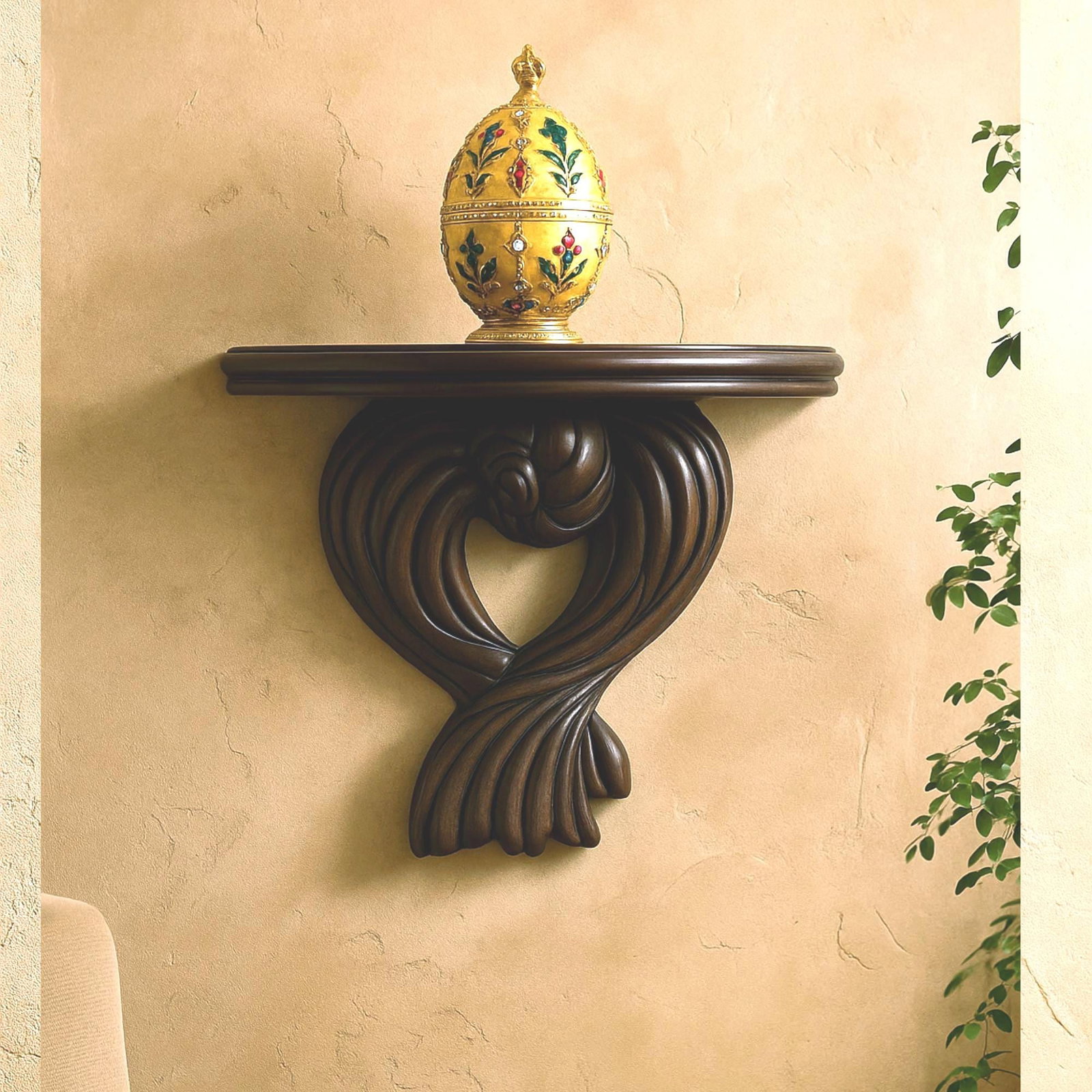 1970s Italian Wood Wall Sconce Shelf Dark Sculptural Scroll Old World Galley Display - 10