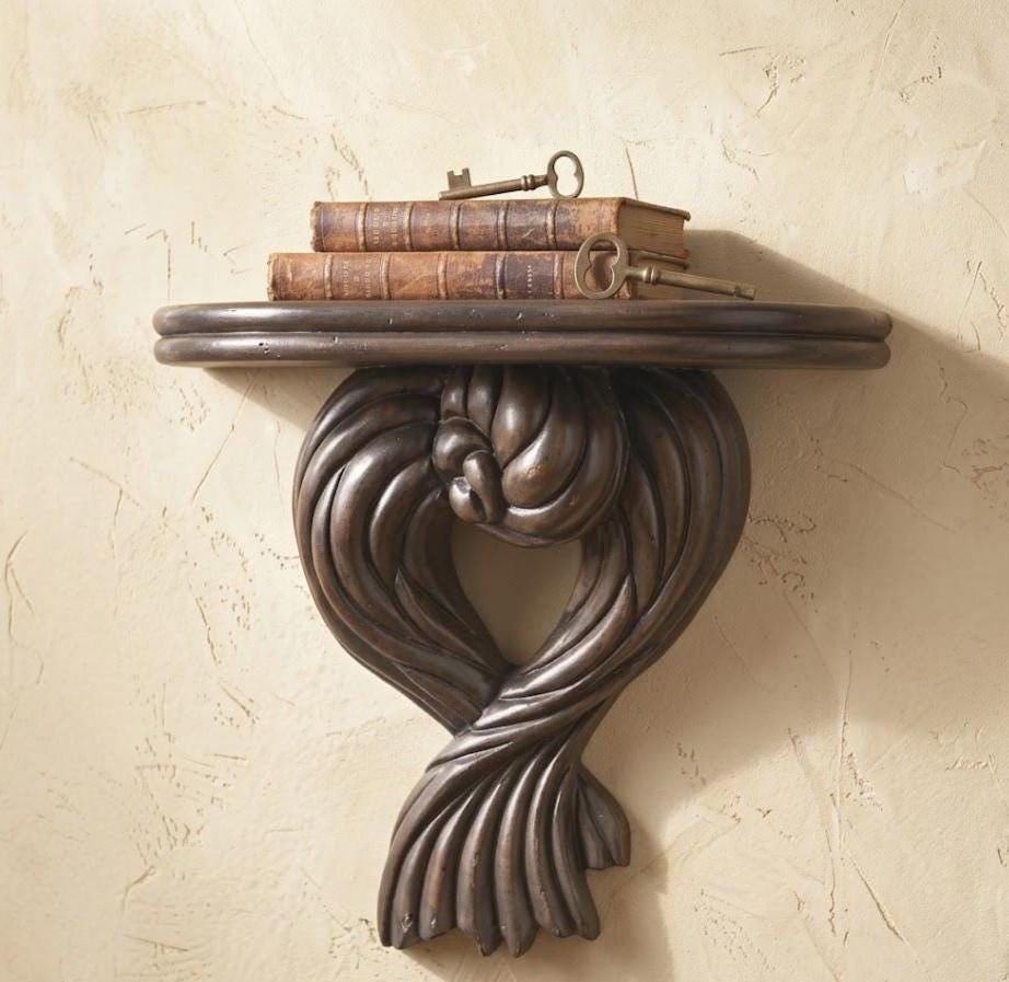 1970s Italian Wood Wall Sconce Shelf Dark Sculptural Scroll Old World Galley Display - 11