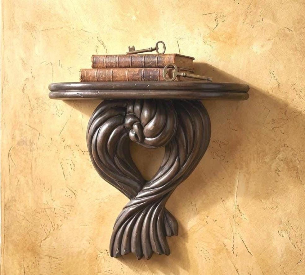 1970s Italian Wood Wall Sconce Shelf Dark Sculptural Scroll Old World Galley Display (1 of 12)