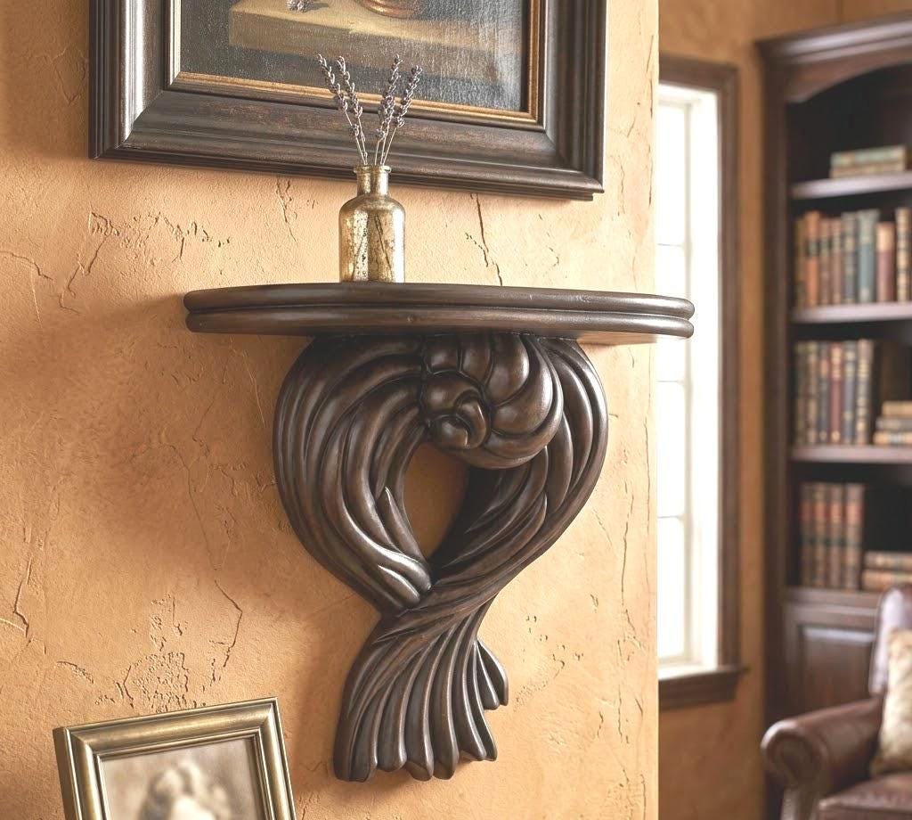 1970s Italian Wood Wall Sconce Shelf Dark Sculptural Scroll Old World Galley Display - 3