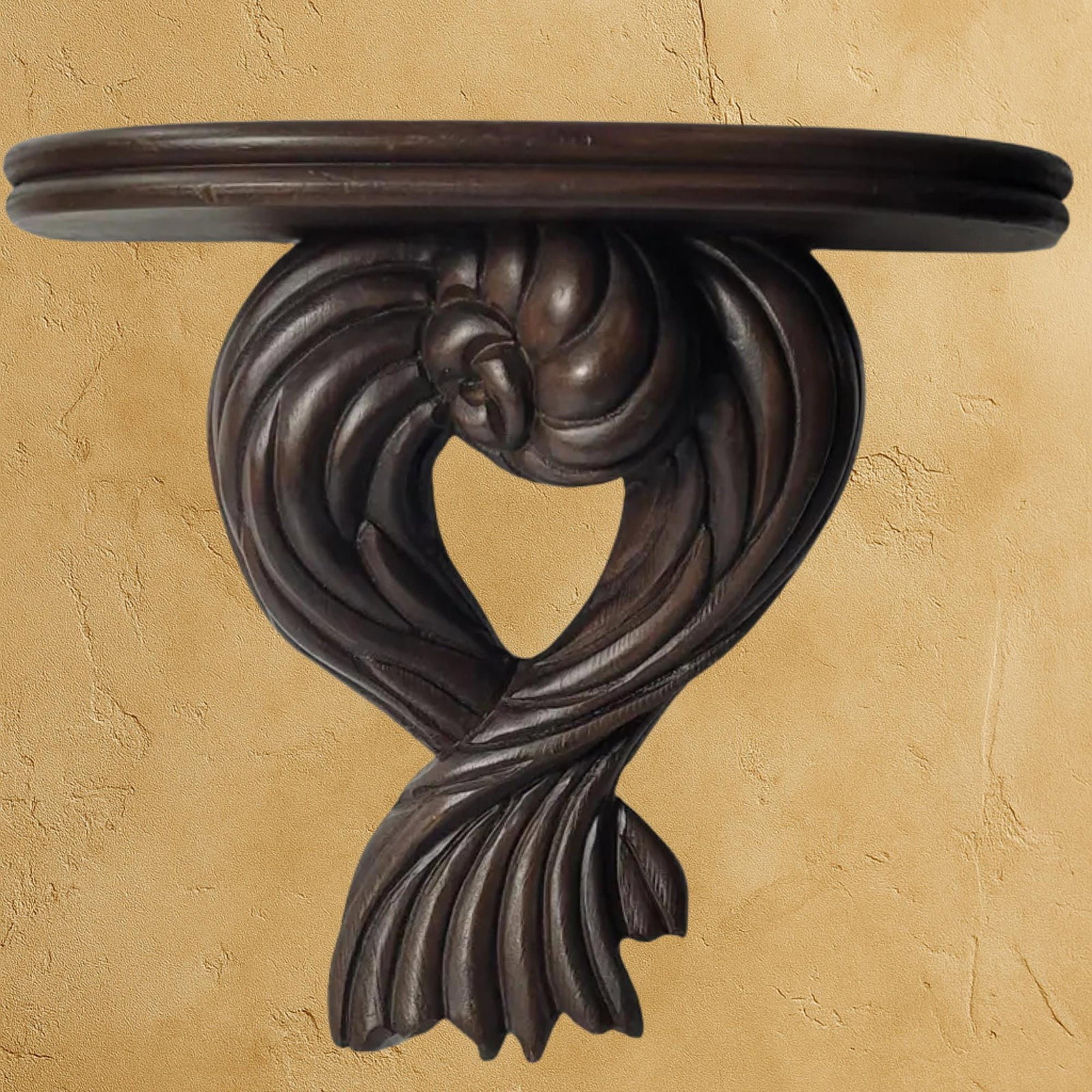 1970s Italian Wood Wall Sconce Shelf Dark Sculptural Scroll Old World Galley Display - 4