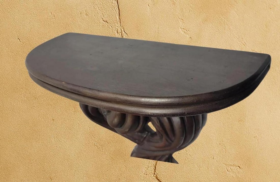 1970s Italian Wood Wall Sconce Shelf Dark Sculptural Scroll Old World Galley Display - 7