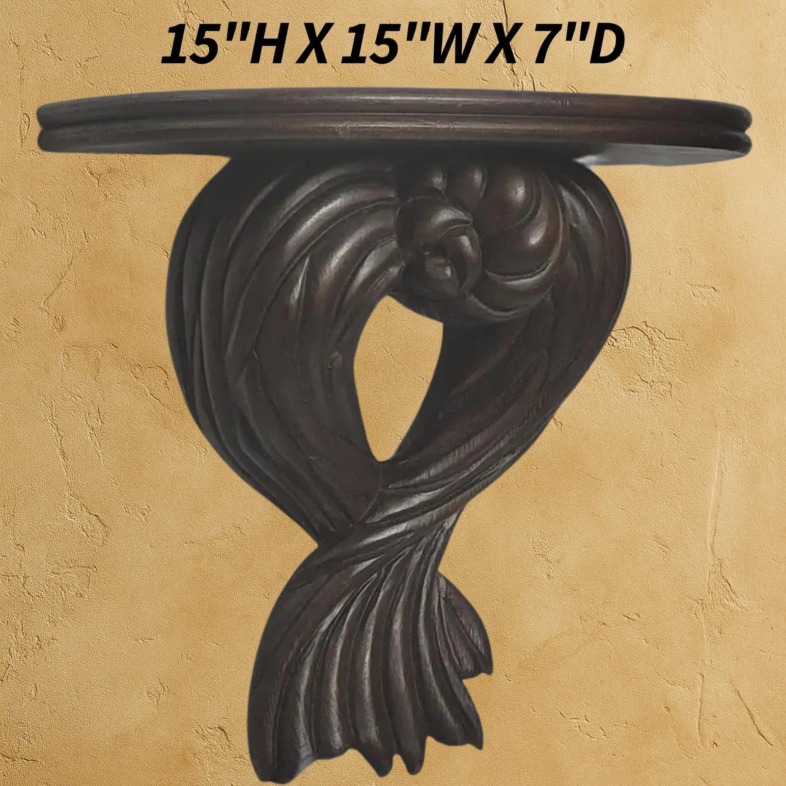 1970s Italian Wood Wall Sconce Shelf Dark Sculptural Scroll Old World Galley Display - 8