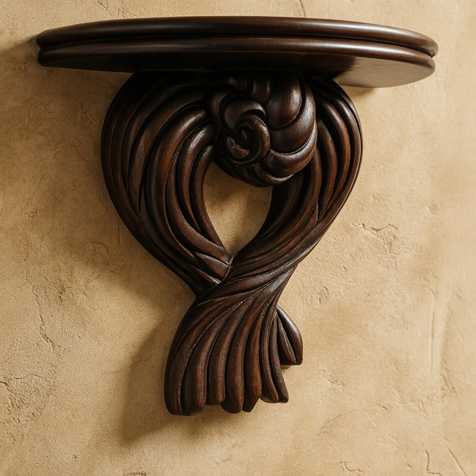 1970s Italian Wood Wall Sconce Shelf Dark Sculptural Scroll Old World Galley Display - 9