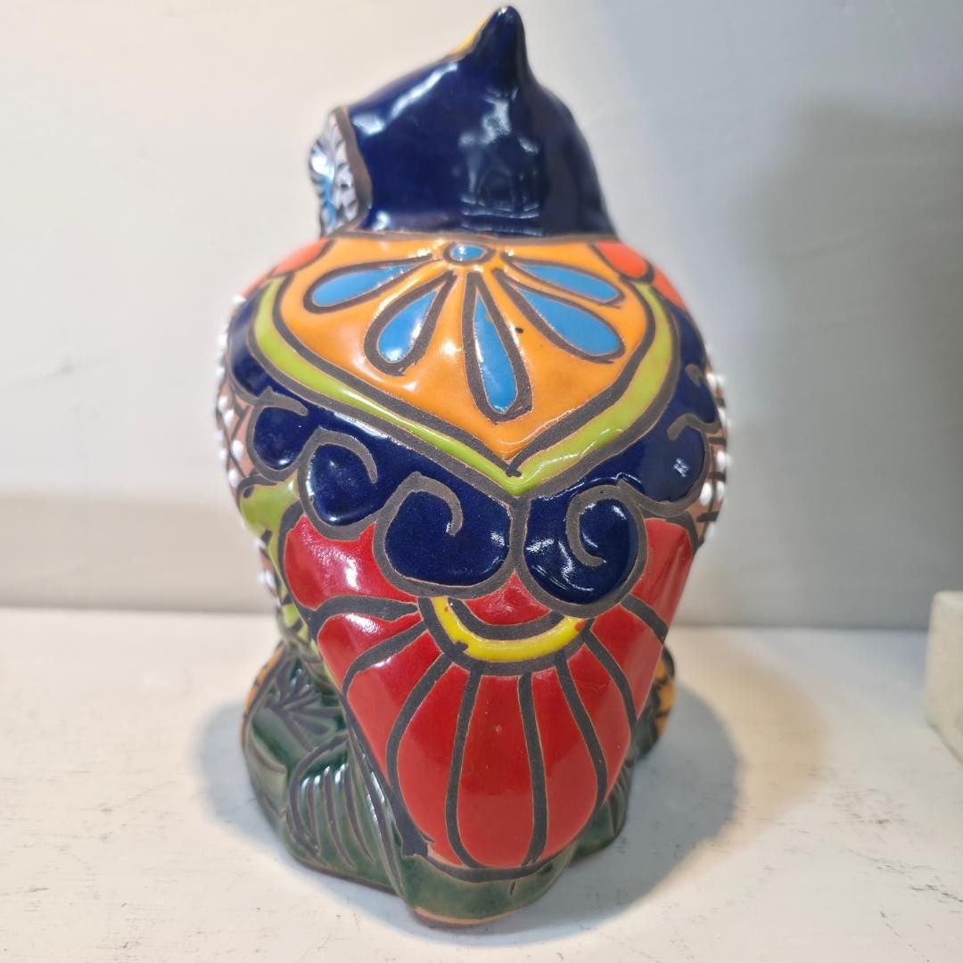 Late 20th Century Mexican Pottery Owl, Hand Painted Folk Art Decor: 1980 Mexican pottery owl figurine, hand painted in colorful folk art style and marked Hecho en Mexico on the base. TITLE Vintage Mexican Pottery Owl Figurine, Hand Painted Ceramic Folk Art Decor DESCR