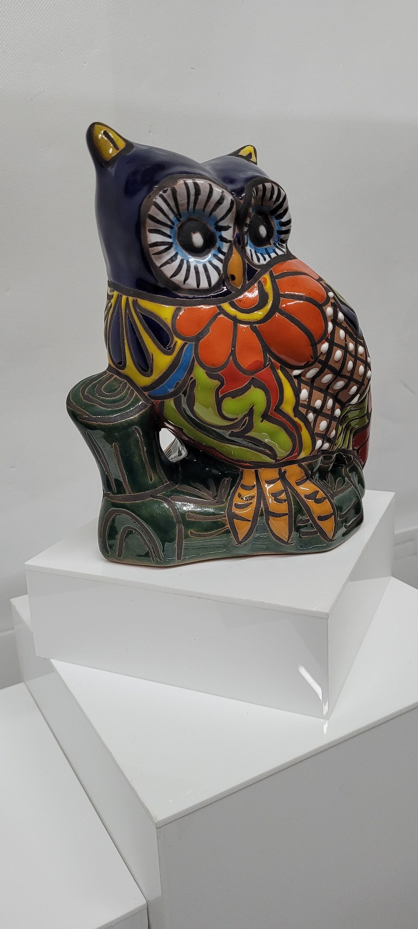 Late 20th Century Mexican Pottery Owl, Hand Painted Folk Art Decor - 7