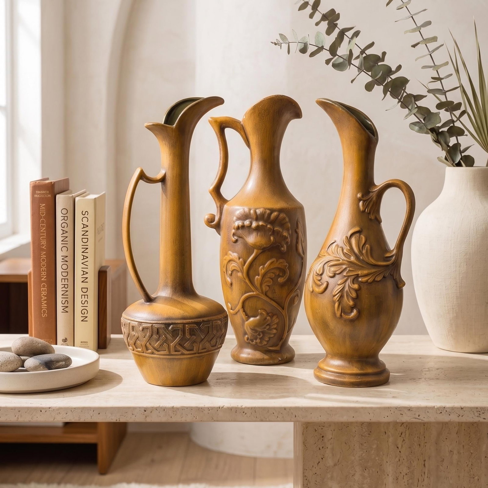 Set of 3 Royal Haeger Ewer Vases, Gold Ceramic Pottery Pitcher Set, Mid Century Old World Mantel - 11