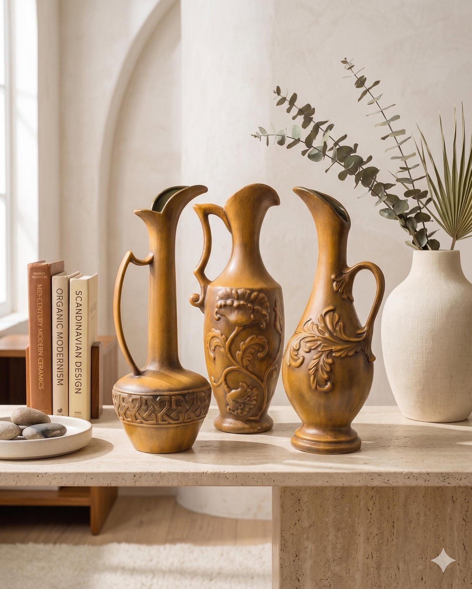 Set of 3 Royal Haeger Ewer Vases, Gold Ceramic Pottery Pitcher Set, Mid Century Old World Mantel - 13