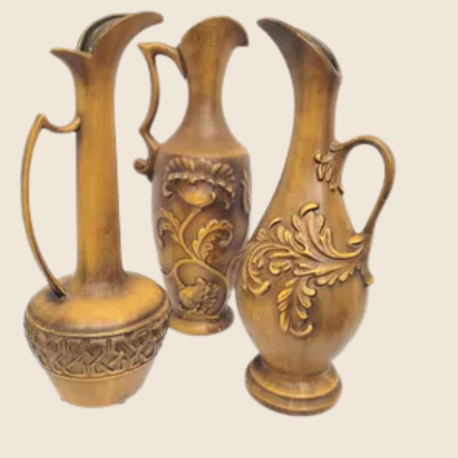 Set of 3 Royal Haeger Ewer Vases, Gold Ceramic Pottery Pitcher Set, Mid Century Old World Mantel - 14