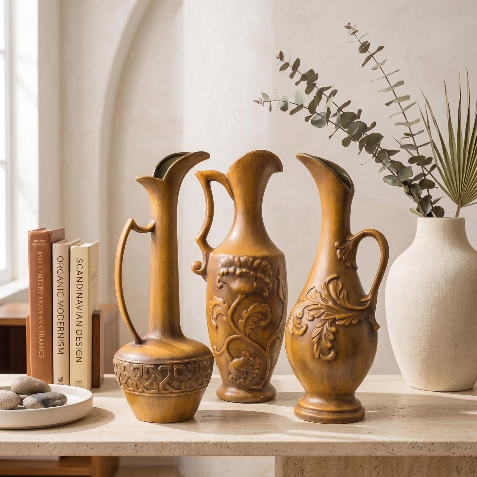 Set of 3 Royal Haeger Ewer Vases, Gold Ceramic Pottery Pitcher Set, Mid Century Old World Mantel - 15