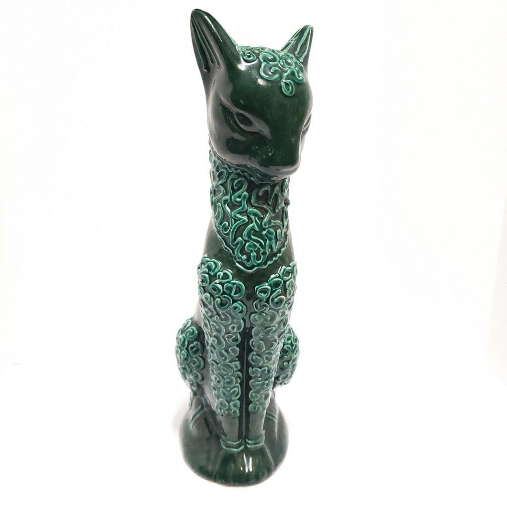 Vintage Italian Cat Art Pottery Statue Green Ceramic Bastet Egyptian Sphinx Italy 9286 - 2