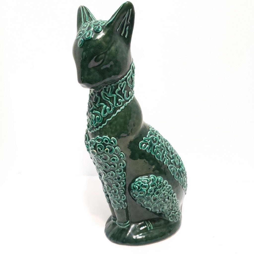 Vintage Italian Cat Art Pottery Statue Green Ceramic Bastet Egyptian Sphinx Italy 9286 - 3