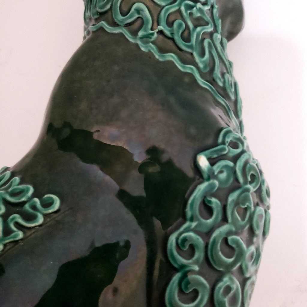 Vintage Italian Cat Art Pottery Statue Green Ceramic Bastet Egyptian Sphinx Italy 9286 - 6