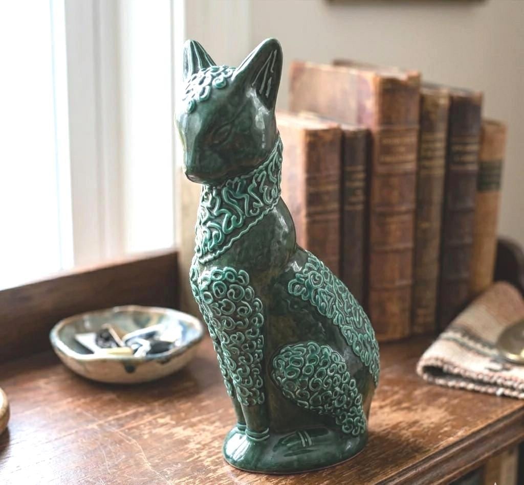 Vintage Italian Cat Art Pottery Statue Green Ceramic Bastet Egyptian Sphinx Italy 9286 - 8