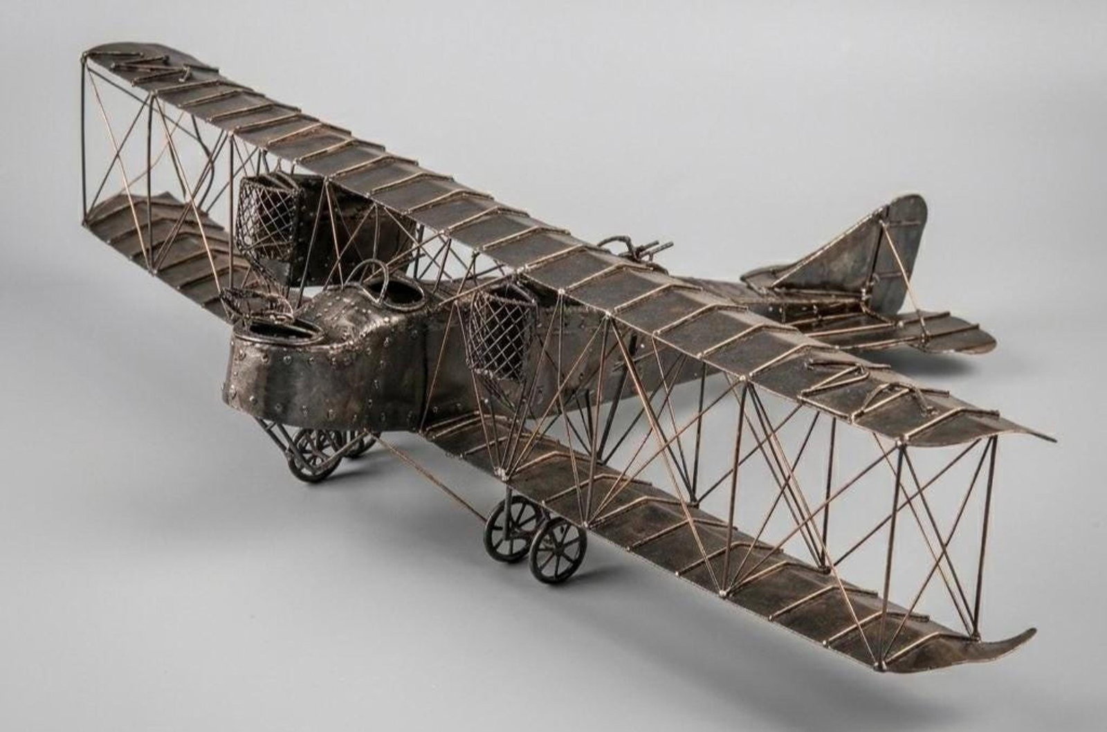 1970s Metal Biplane Sculpture Brutalist Aviation Art, Welded Airplane Model Pilot Gift - 8