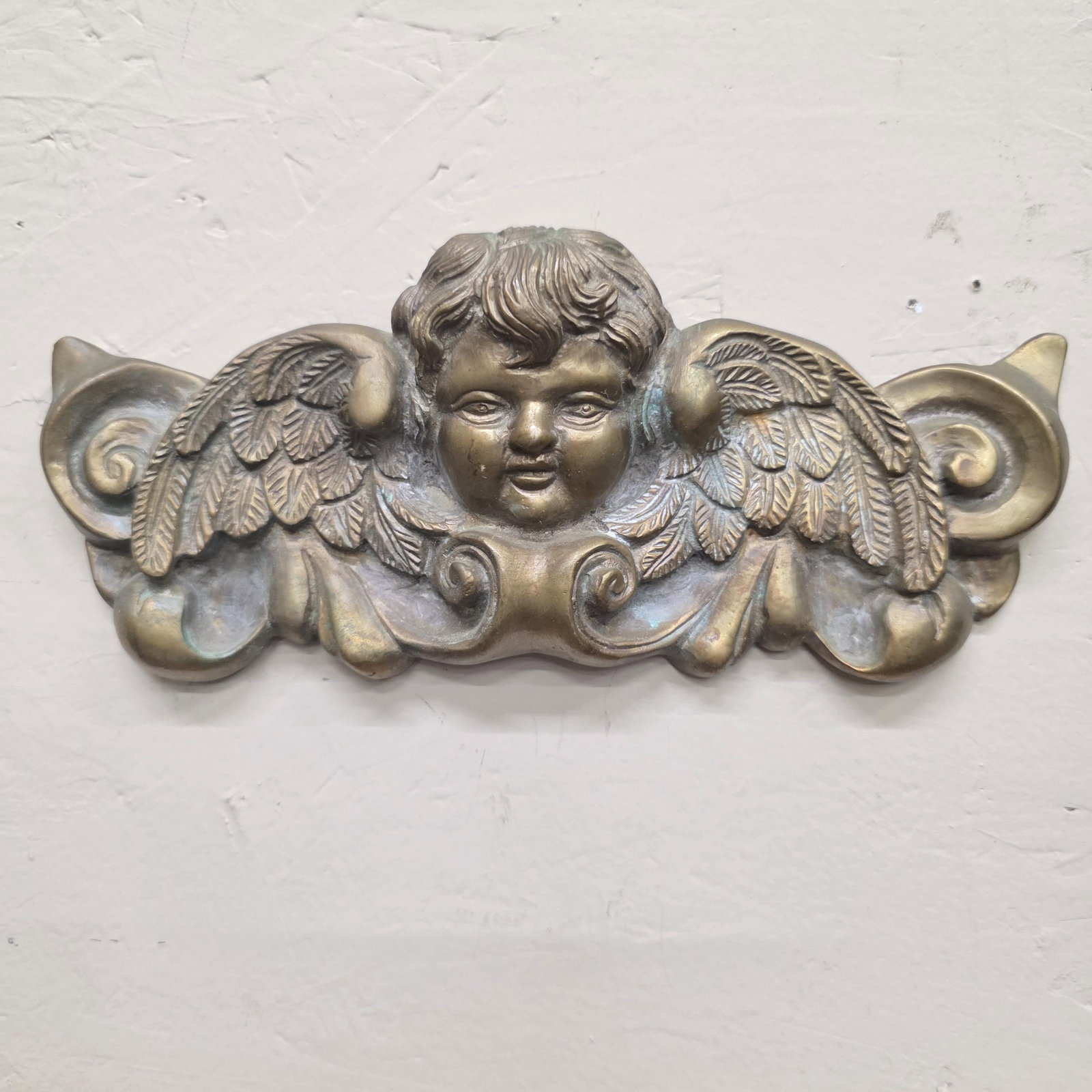 1960 Brass Cherub Wall Plaque Large Baroque Putto Medallion Ornate Decor - 7