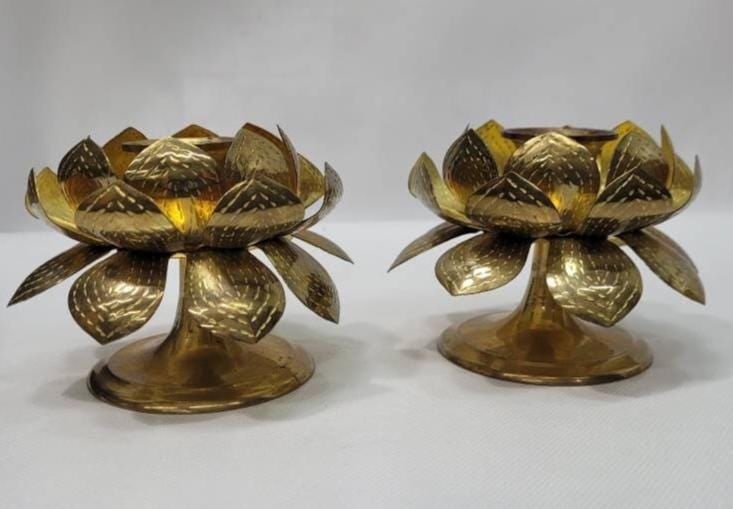 1970 Brass Lotus Candle Holders Pair Mid Century Brutalist Metal Flowers Hollywood Regency - 2