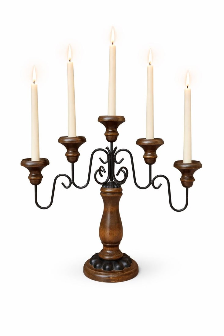 Vintage Wrought Iron Wood Candelabra 5 Arm Gothic Castlecore Mantel Decor Medieval Table Centerpiece - 10