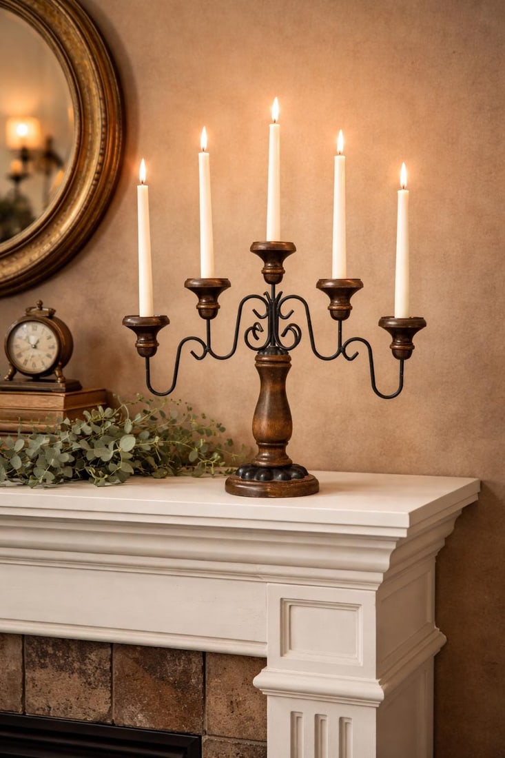 Vintage Wrought Iron Wood Candelabra 5 Arm Gothic Castlecore Mantel Decor Medieval Table Centerpiece - 11