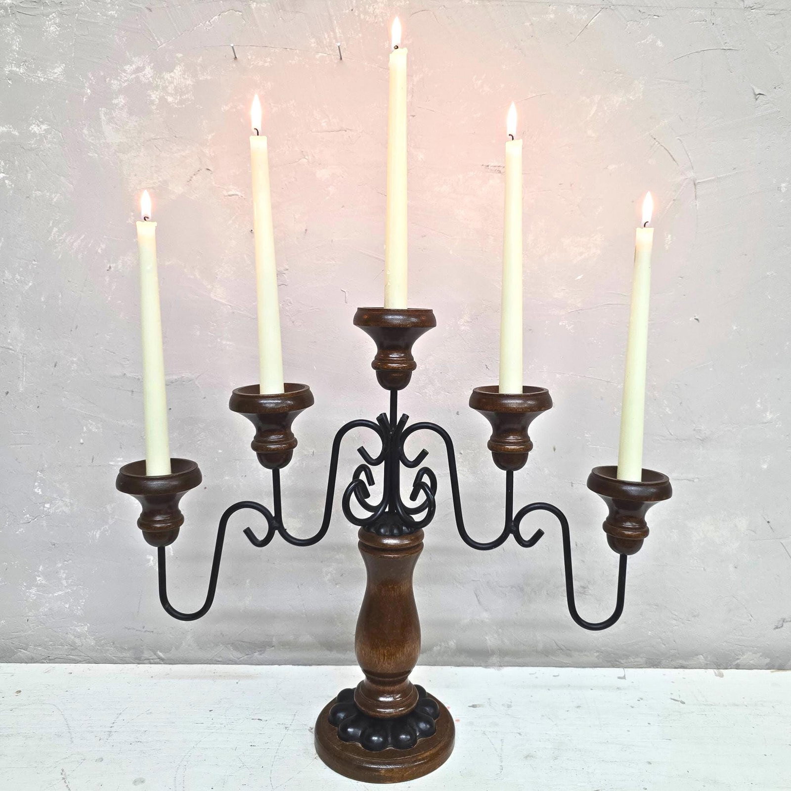 Vintage Wrought Iron Wood Candelabra 5 Arm Gothic Castlecore Mantel Decor Medieval Table Centerpiece (1 of 12)