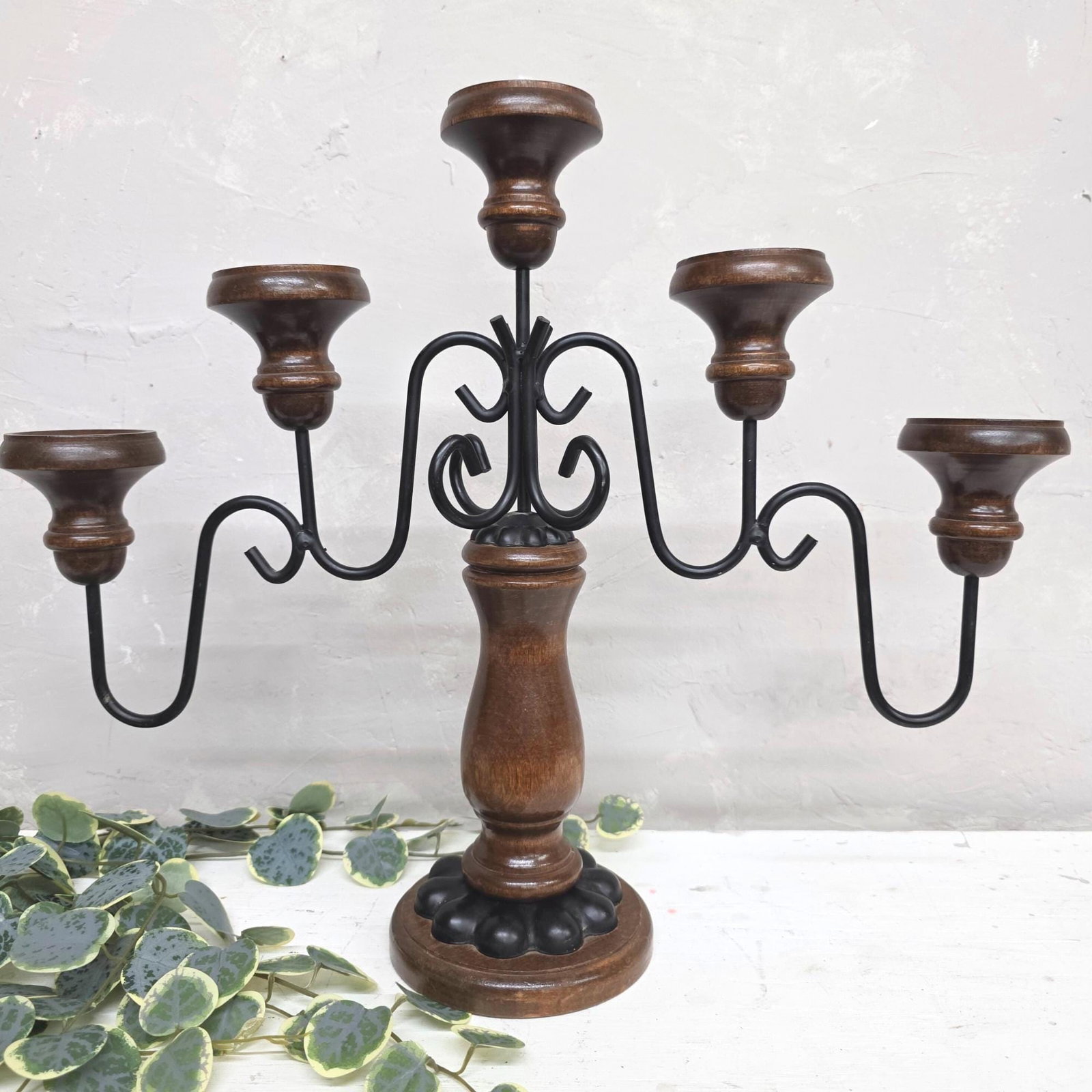 Vintage Wrought Iron Wood Candelabra 5 Arm Gothic Castlecore Mantel Decor Medieval Table Centerpiece - 2