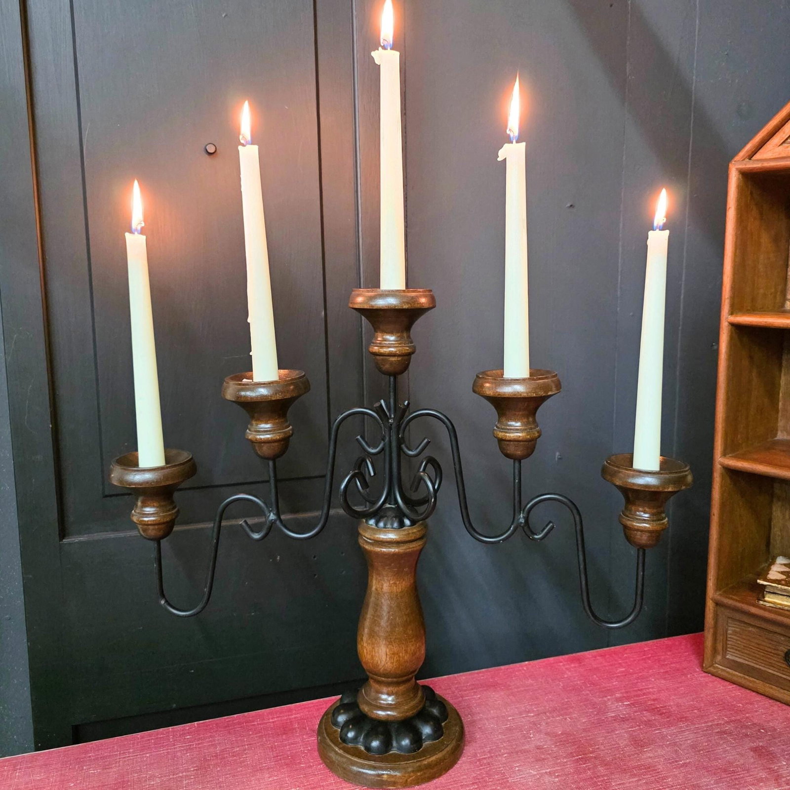 Vintage Wrought Iron Wood Candelabra 5 Arm Gothic Castlecore Mantel Decor Medieval Table Centerpiece - 3