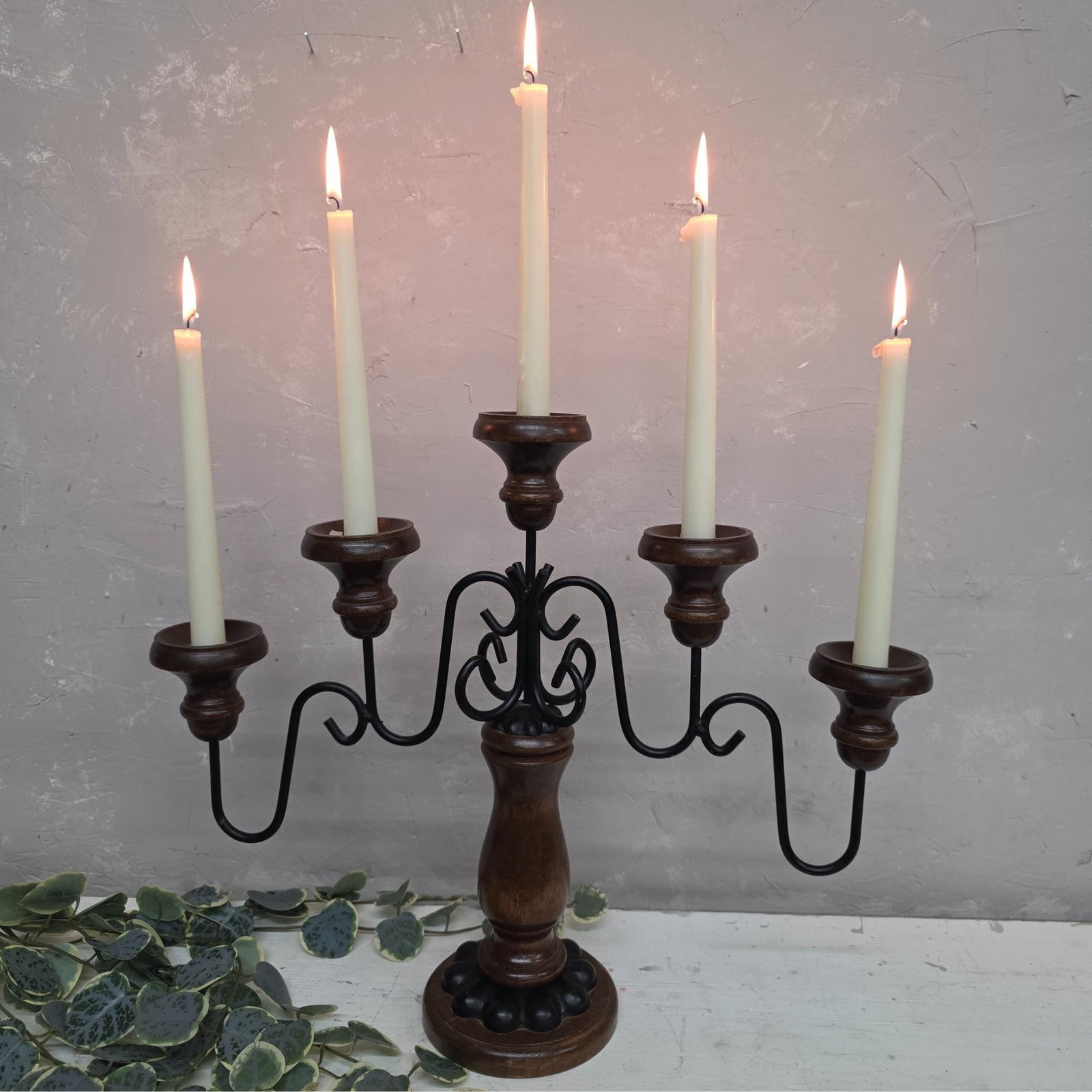 Vintage Wrought Iron Wood Candelabra 5 Arm Gothic Castlecore Mantel Decor Medieval Table Centerpiece - 6
