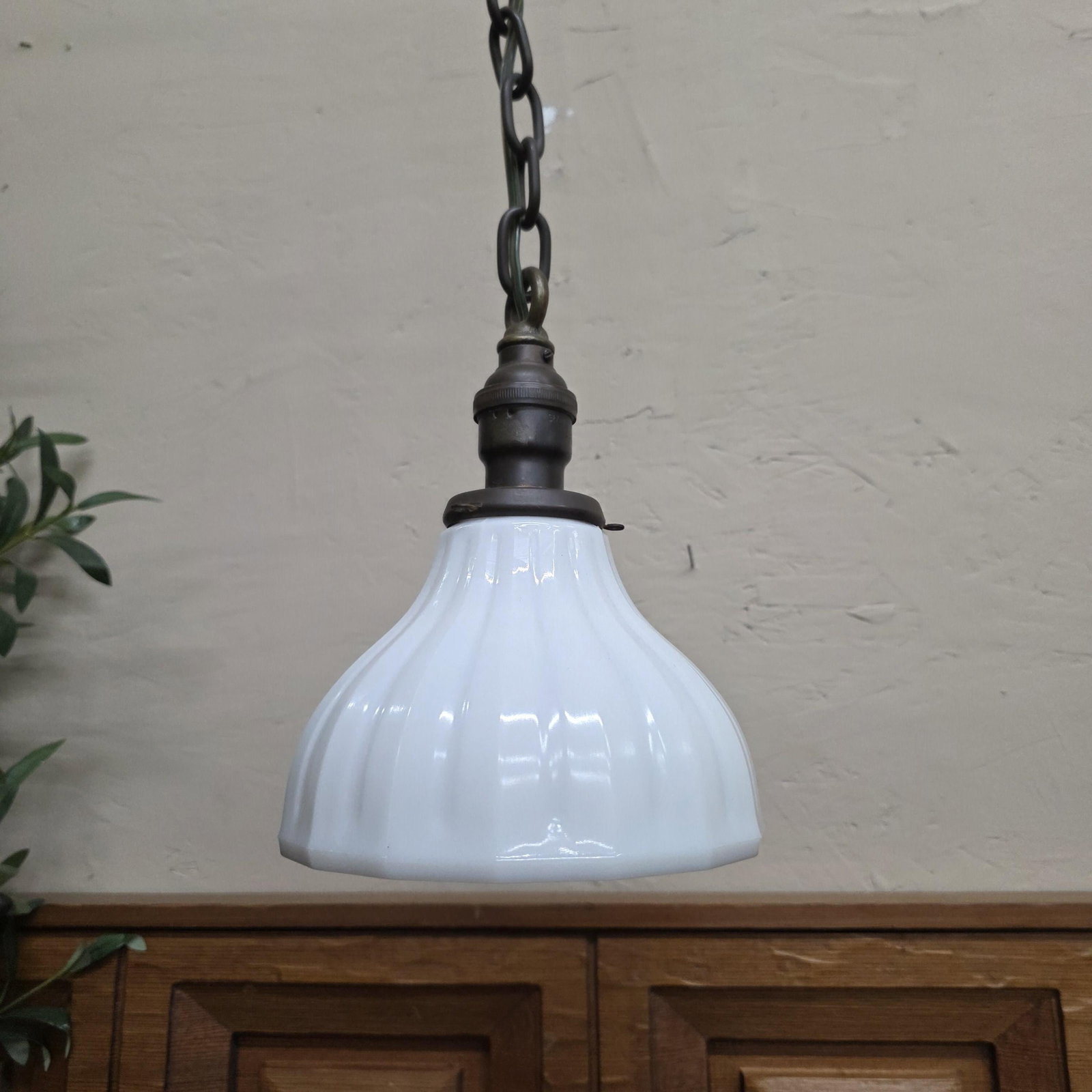 Vintage Brass Pendant Light Milk Glass Globe Rewired, Old House Kitchen Fixture, New Wiring - 4