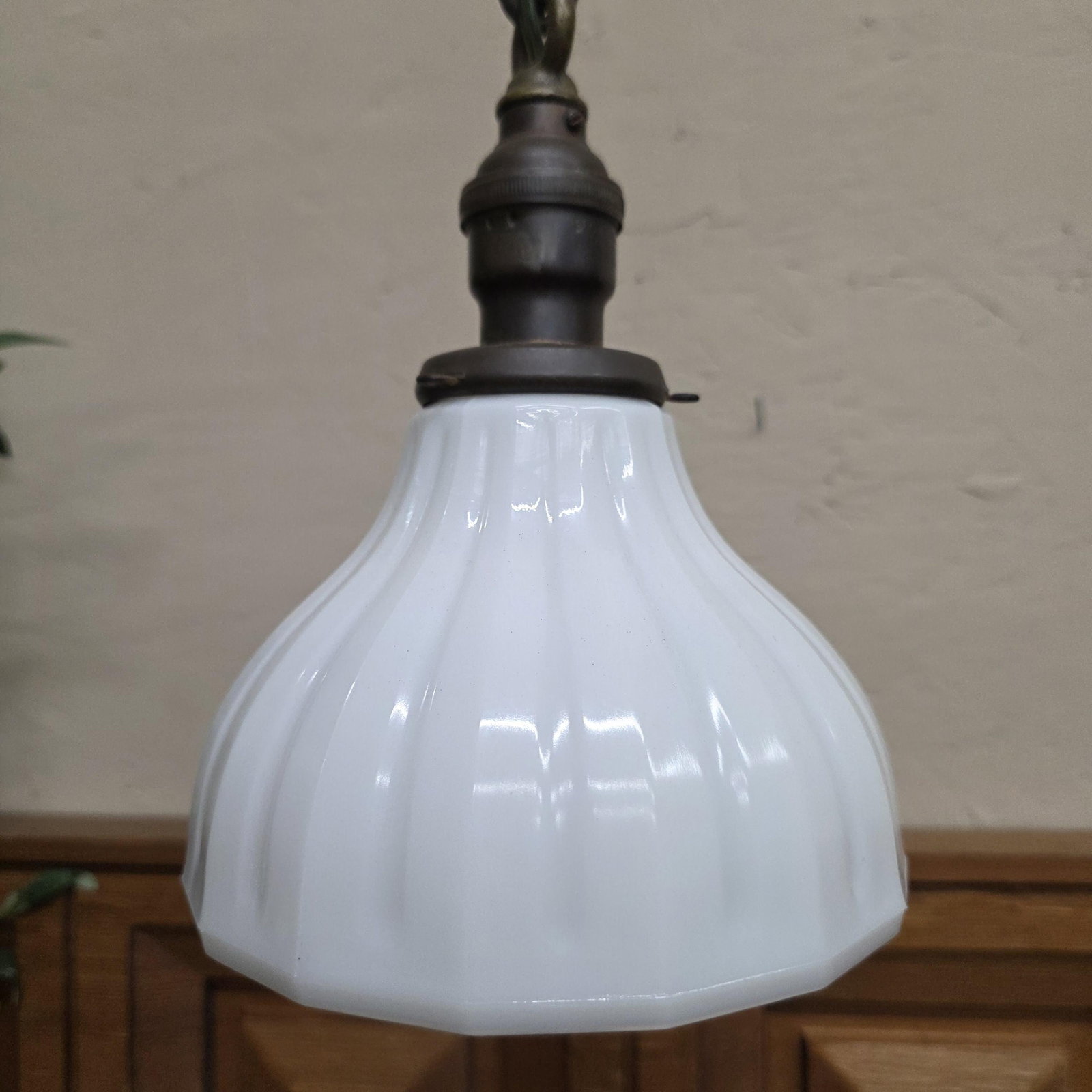 Vintage Brass Pendant Light Milk Glass Globe Rewired, Old House Kitchen Fixture, New Wiring - 5