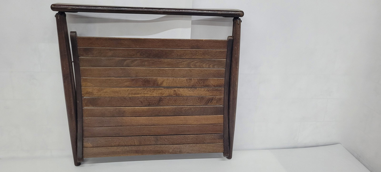 Vintage Wood Magazine Rack Slatted Beechwood Collapsible Danish Modern LP Holder MCM Display - 9