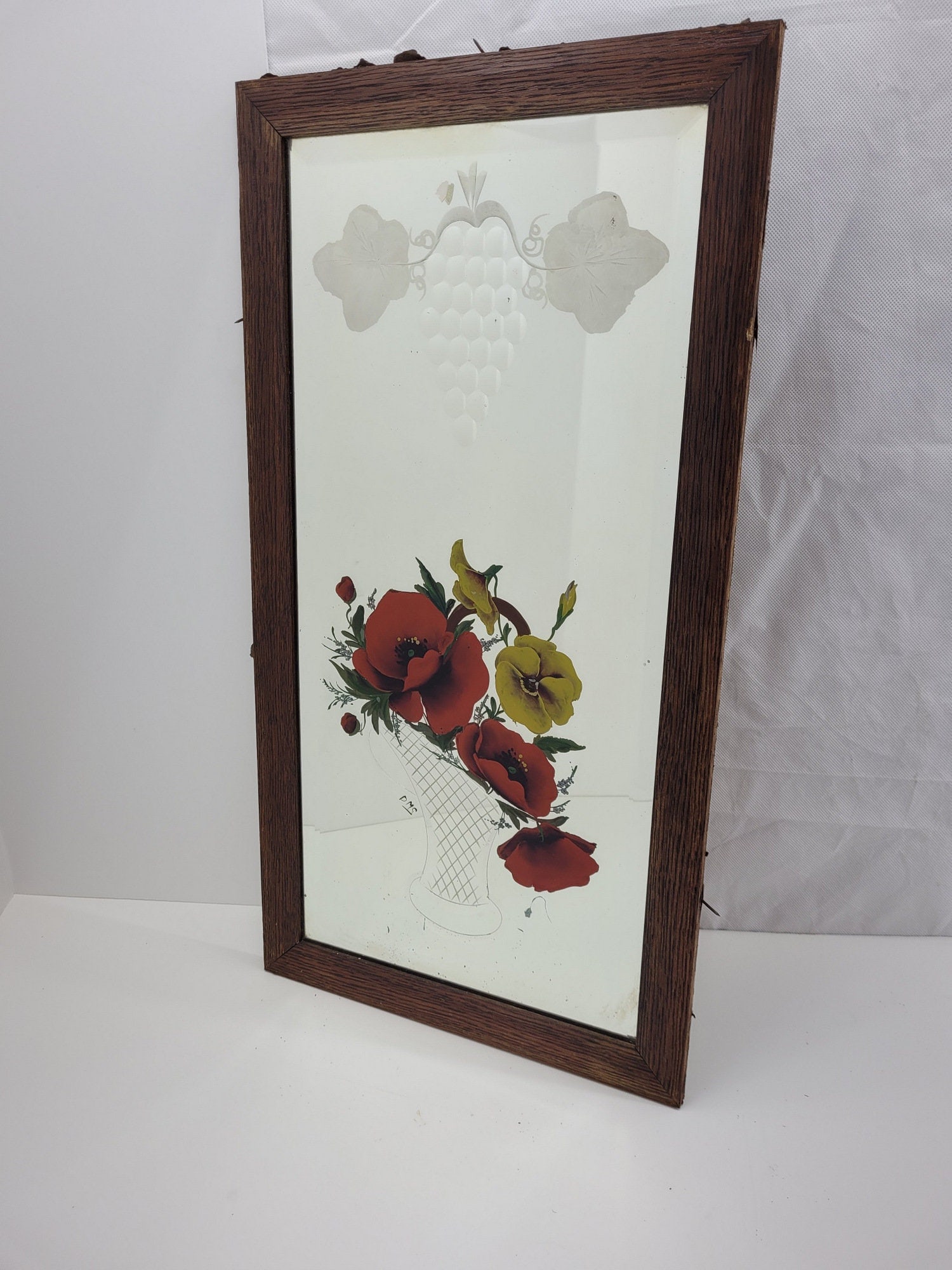 Vintage Floral Wall Mirror Victorian Etched Hanging Wood Framed Antique Folk Art - 10