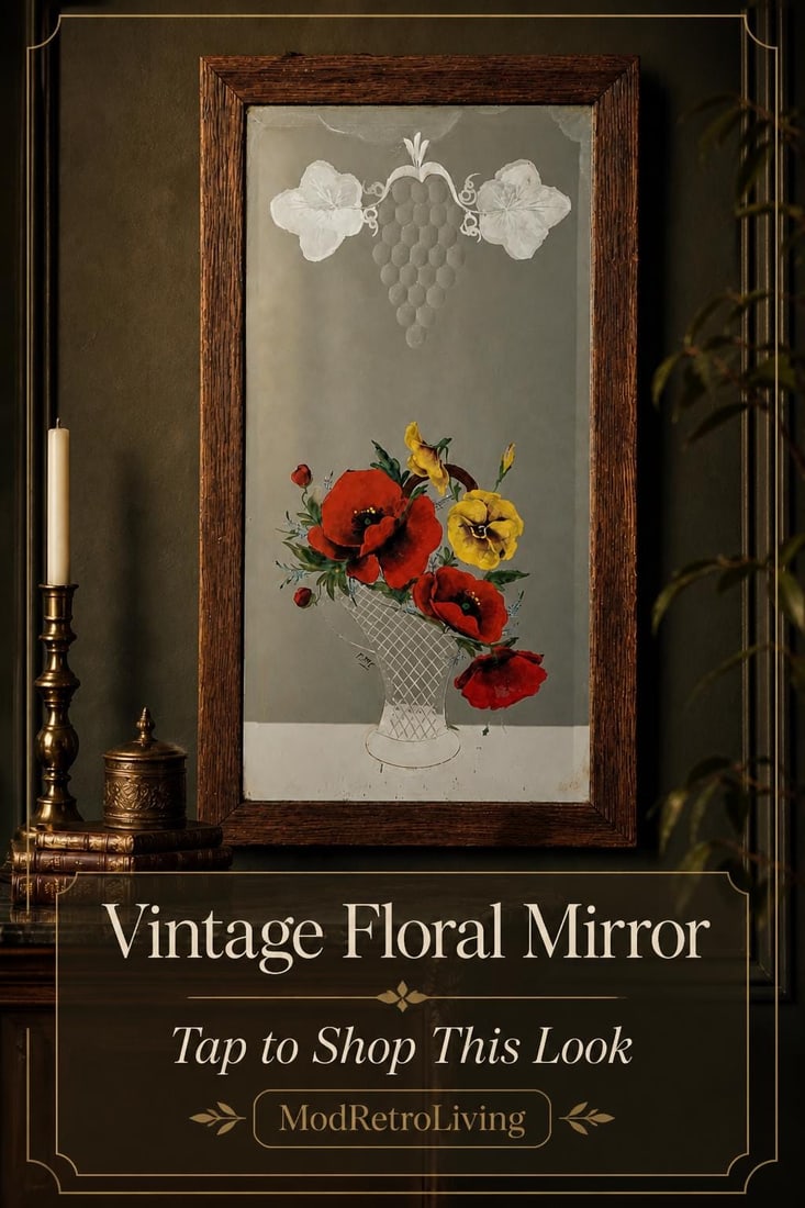 Vintage Floral Wall Mirror Victorian Etched Hanging Wood Framed Antique Folk Art - 11