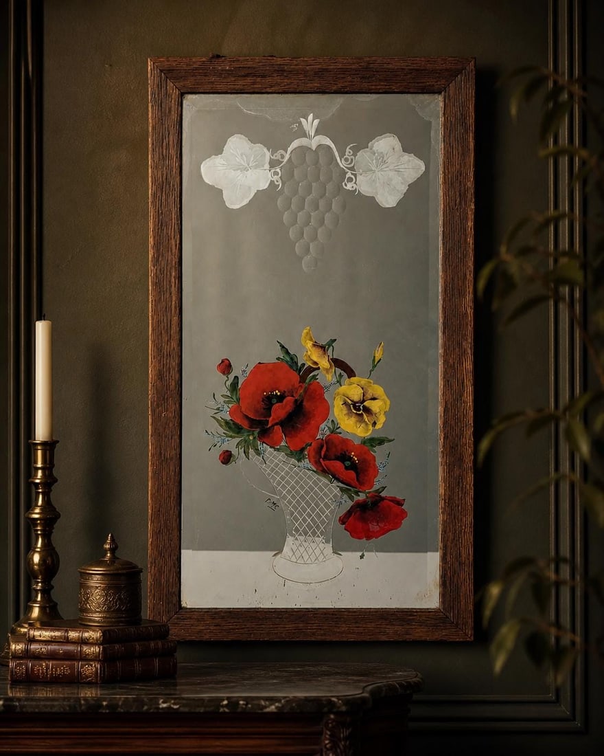 Vintage Floral Wall Mirror Victorian Etched Hanging Wood Framed Antique Folk Art (1 of 11)