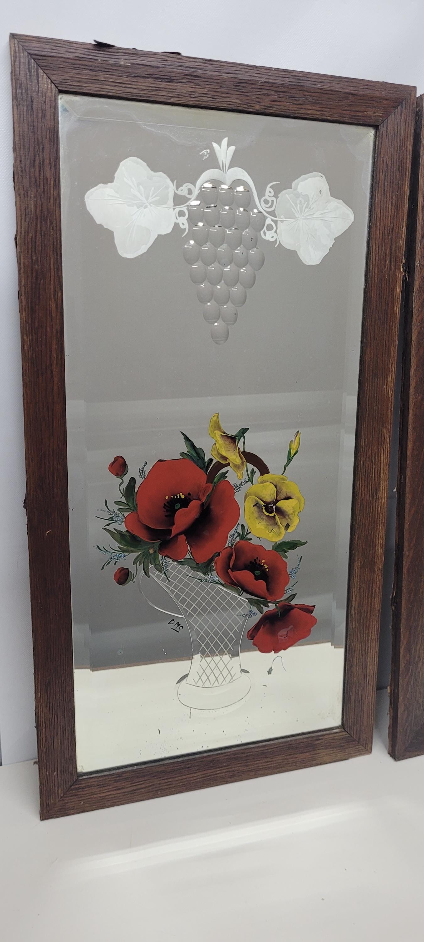 Vintage Floral Wall Mirror Victorian Etched Hanging Wood Framed Antique Folk Art - 7