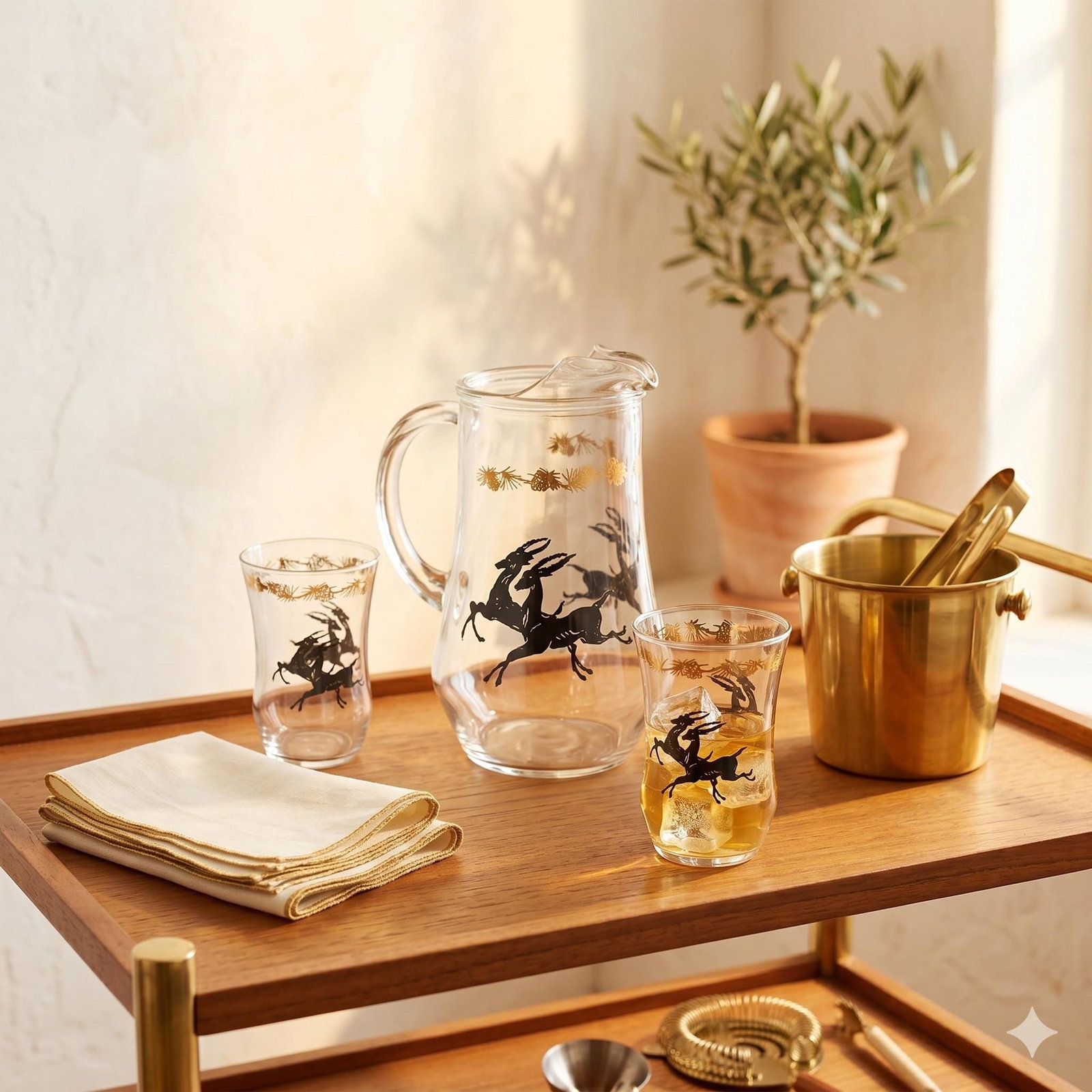 Neo Deco Barware 8 Glasses Pitcher Set Gazelle Supper Club Bar Cart Drinkware - 14