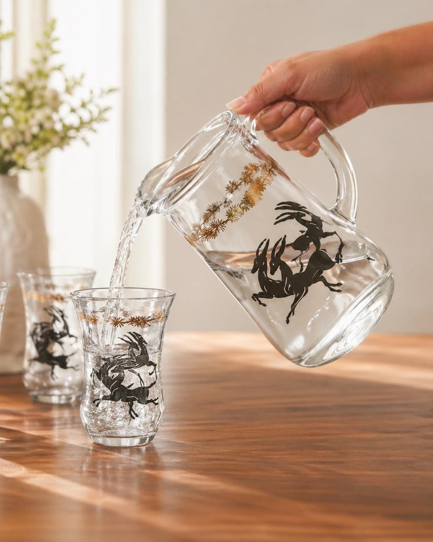 Neo Deco Barware 8 Glasses Pitcher Set Gazelle Supper Club Bar Cart Drinkware - 3