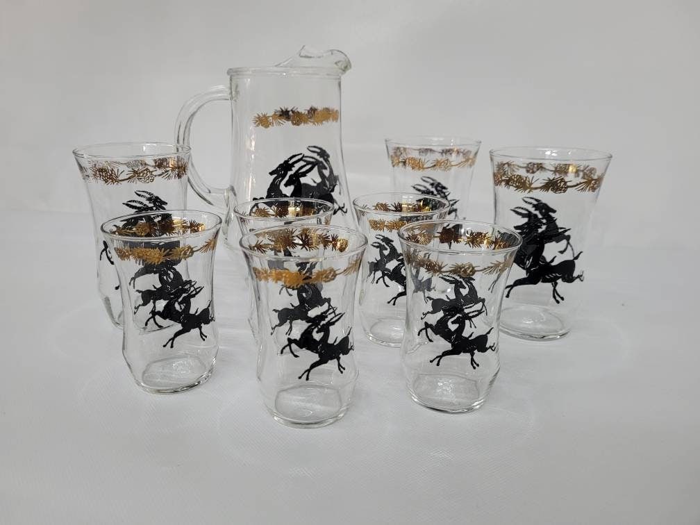 Neo Deco Barware 8 Glasses Pitcher Set Gazelle Supper Club Bar Cart Drinkware - 8