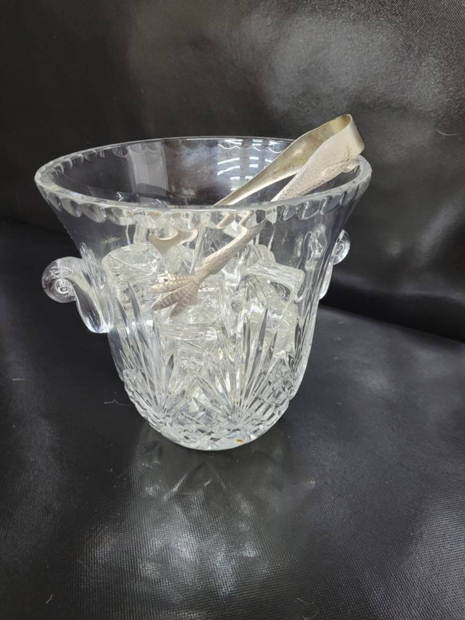 Vintage Crystal Glass Ice Bucket Cubes Tongs Barware Set Bar Cart Accessory Hollywood Regency (1 of 10)