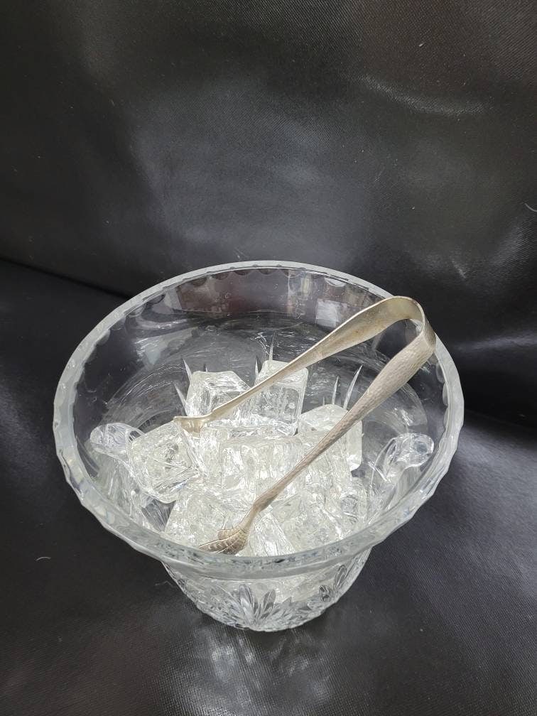 Vintage Crystal Glass Ice Bucket Cubes Tongs Barware Set Bar Cart Accessory Hollywood Regency - 6
