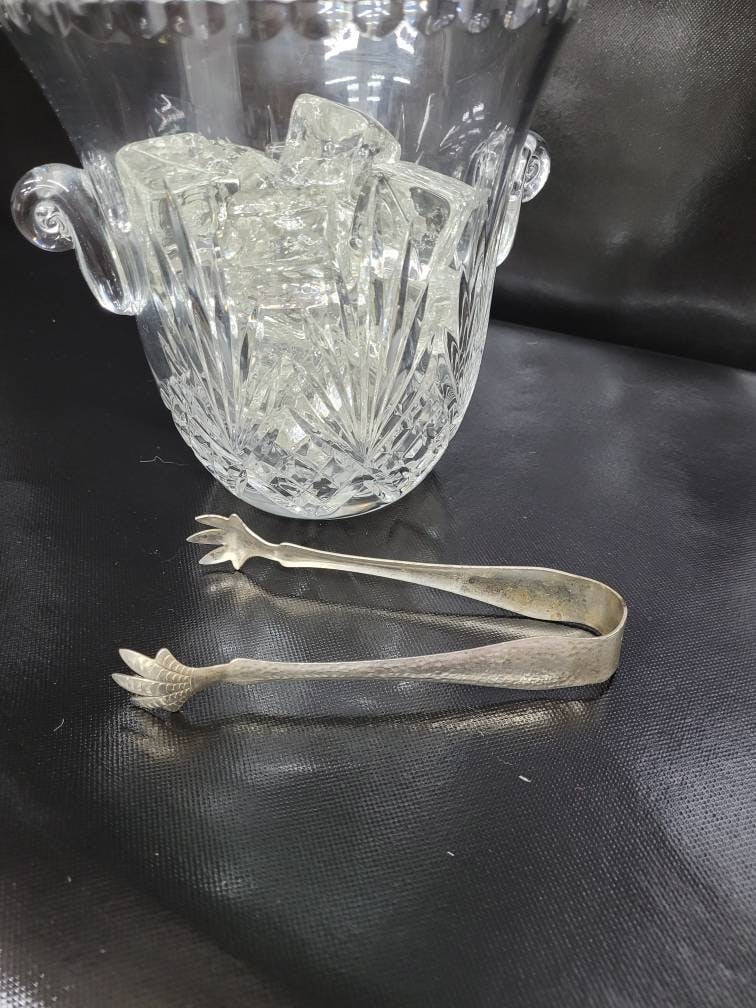 Vintage Crystal Glass Ice Bucket Cubes Tongs Barware Set Bar Cart Accessory Hollywood Regency - 8