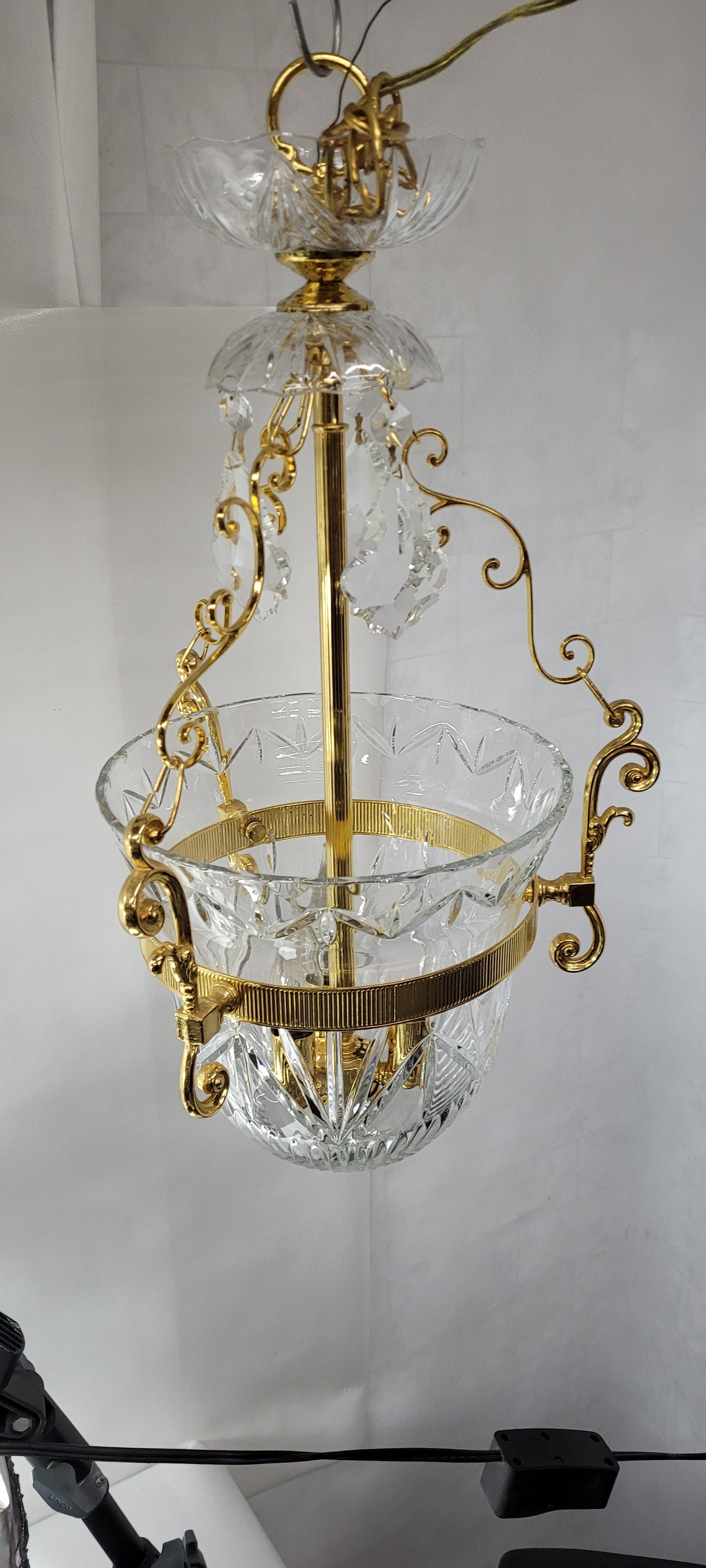 1960s Brass Crystal Bowl Chandelier, Hollywood Regency French Empire Pendant Lighting - 10