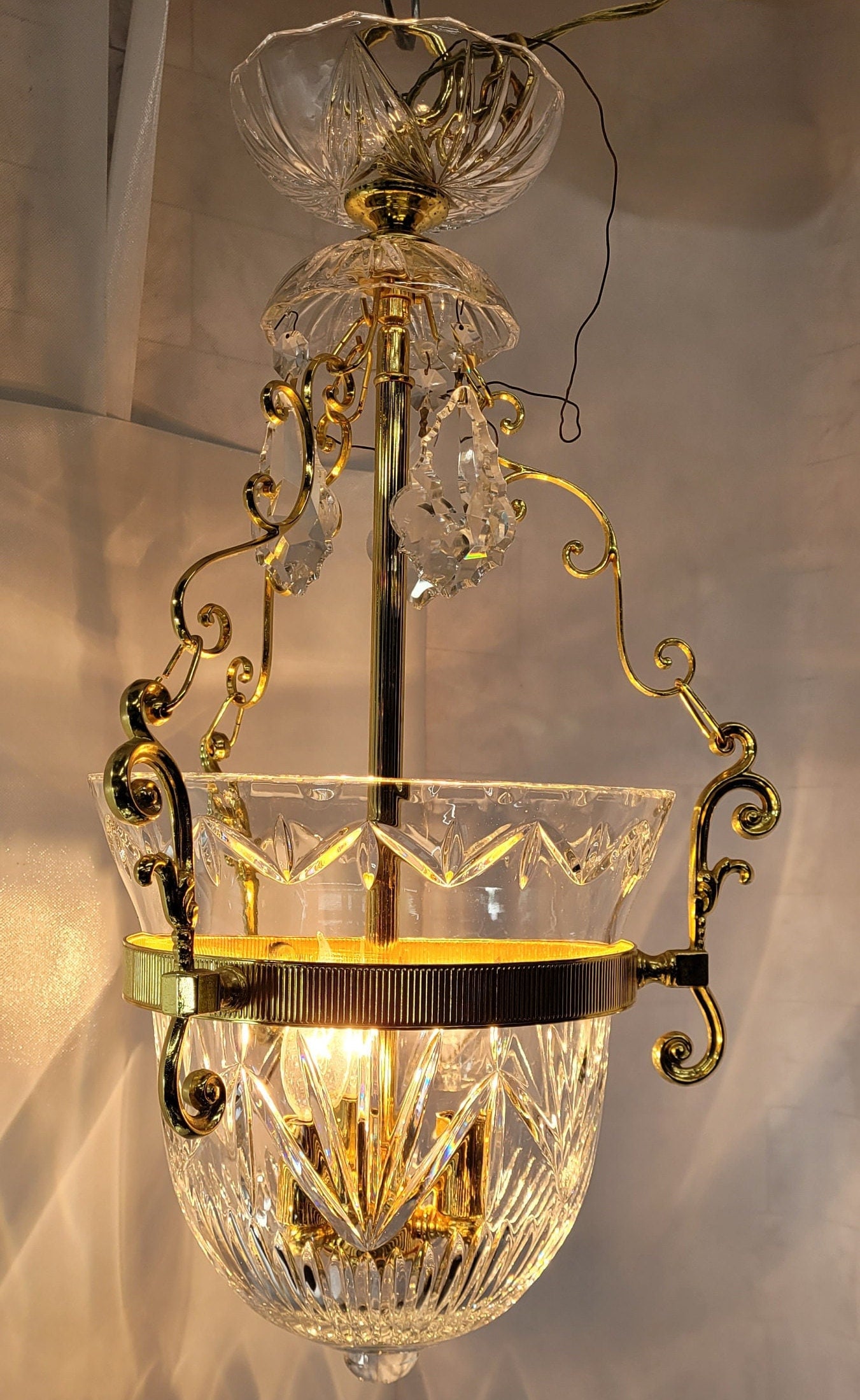 1960s Brass Crystal Bowl Chandelier, Hollywood Regency French Empire Pendant Lighting - 11