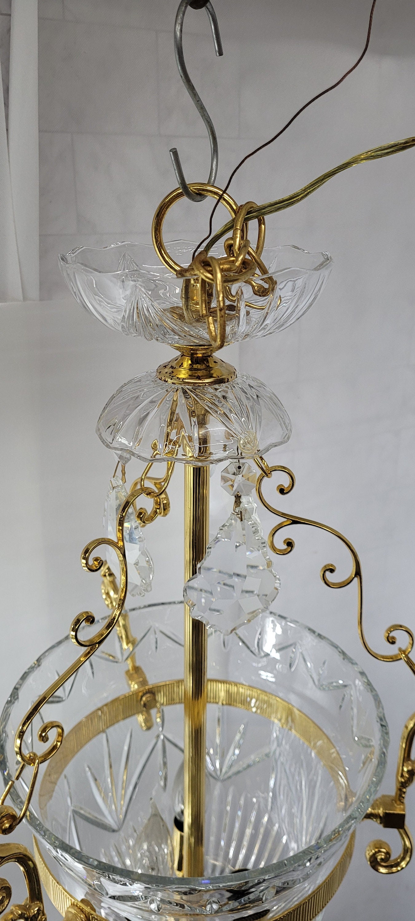 1960s Brass Crystal Bowl Chandelier, Hollywood Regency French Empire Pendant Lighting - 12